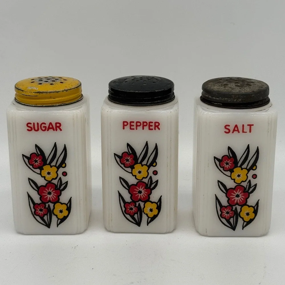 Vintage McKee Tipp City Milk Glass Sugar Salt Pepper Range Shaker Set Flower 40s